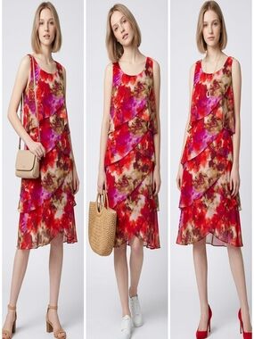 S.L. Fashions Red, Pink & Brown Floral Tiered Midi Dress